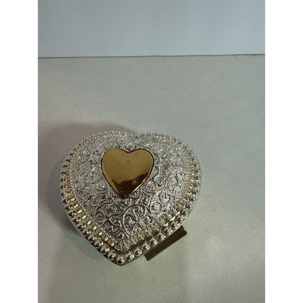 Vintage Two Tone Metal Heart Shaped Jewelry Trinket Box Red Velvet Lining